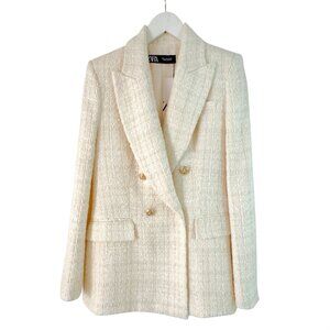 ZARA Tweed Blazer Textured Weave Double Breasted Gold Button Jacket